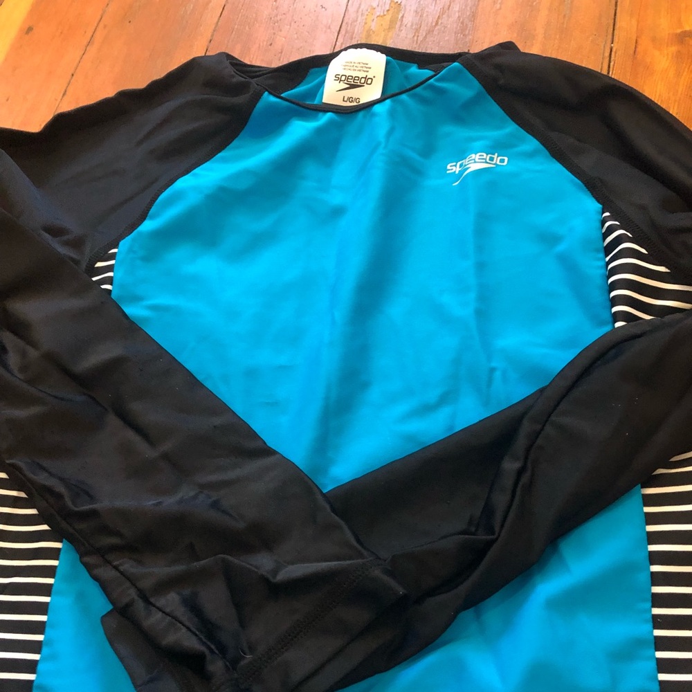 Girls blue, white, black swim shirt